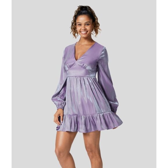 Halara Long Sleeve Shimmery Ruffled Mini Dress Rhapsody Purple Mermaid-Inspired - Picture 1 of 1